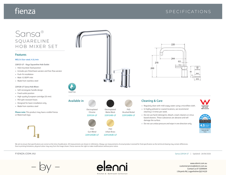 Sansa Squareline Hob Mixer Set - Spec sheet