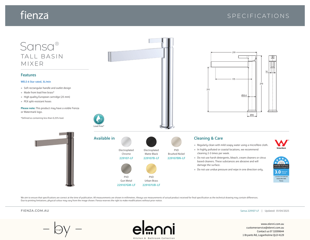 Sansa Tall Basin Mixer - Spec sheet
