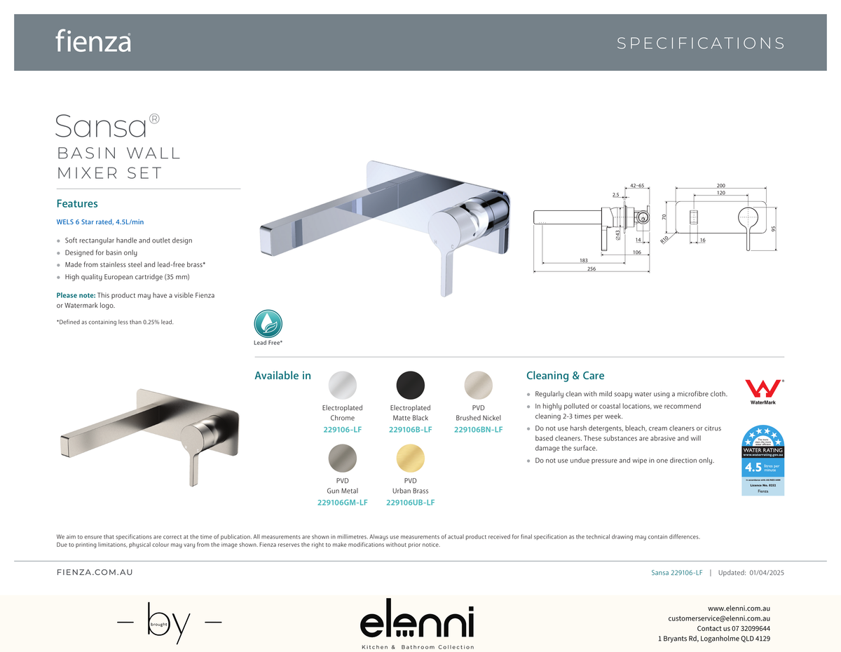 Sansa Wall Basin Mixer Dress Kit, Rectangular Plate - Trim Kit Only - Spec sheet