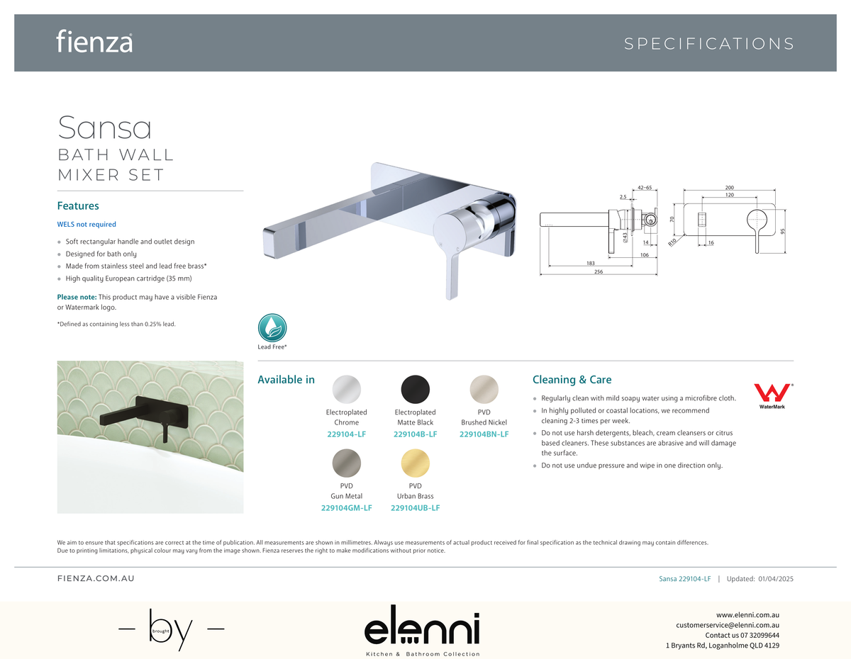 Sansa Wall Bath Mixer Dress Kit - Trim Kit Only - Spec sheet