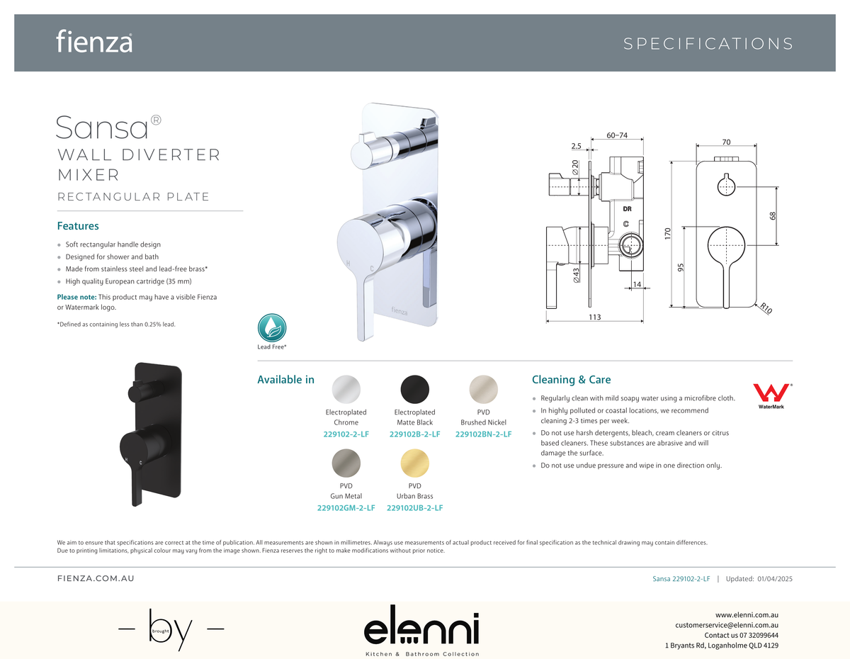 Sansa Wall Diverter Mixer Dress Kit, Rectangular Plate - Trim Kit Only - Spec sheet