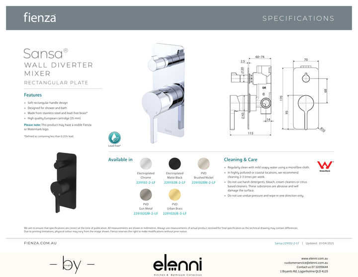 Sansa Wall Diverter Mixer Dress Kit, Rectangular Plate - Trim Kit Only - Spec sheet