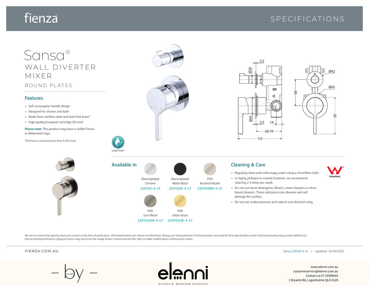 Sansa Wall Diverter Mixer Dress Kit, Small Round Plates - Trim Kit Only - Spec sheet