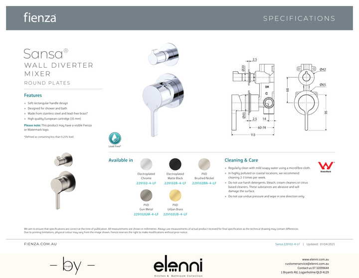 Sansa Wall Diverter Mixer Dress Kit, Small Round Plates - Trim Kit Only - Spec sheet