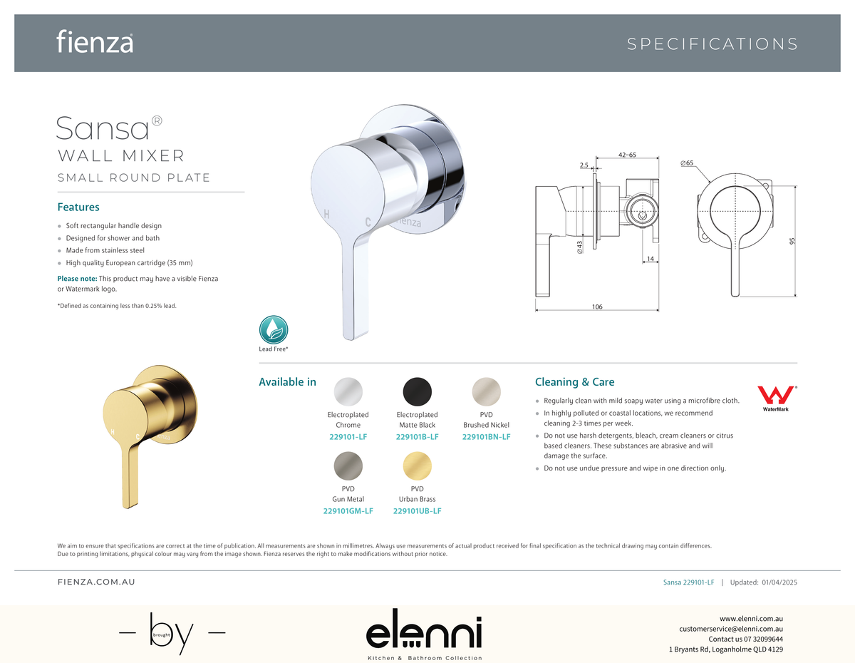 Sansa Wall Mixer Dress Kit, Small Round Plate - Trim Kit Only - Spec sheet