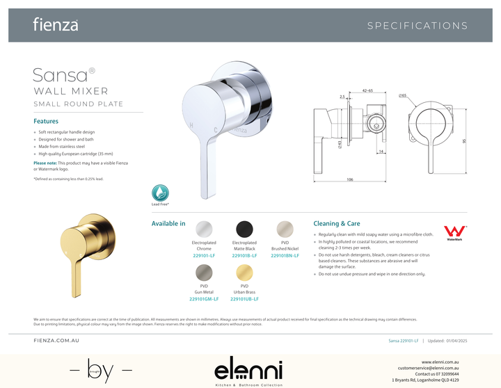 Sansa Wall Mixer Dress Kit, Small Round Plate - Trim Kit Only - Spec sheet