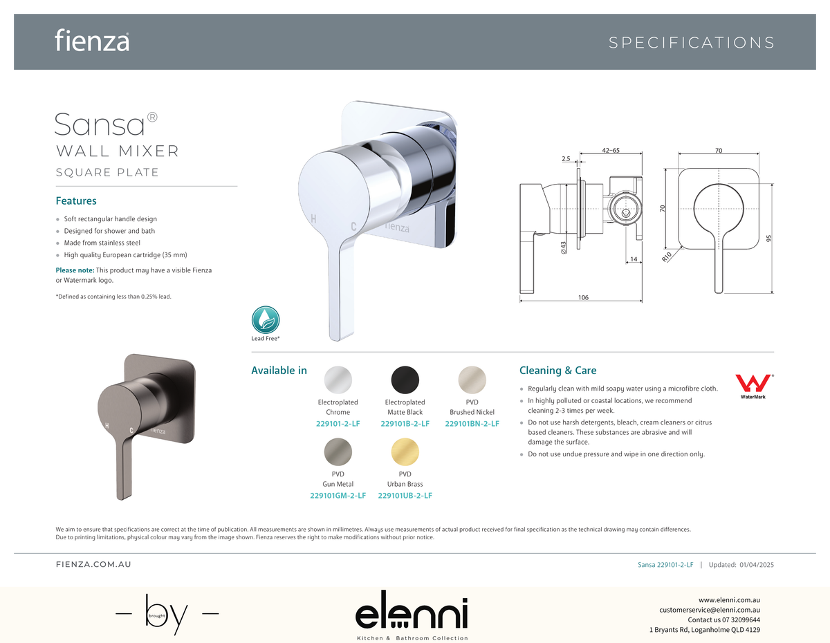 Sansa Wall Mixer Dress Kit, Square Plate - Trim Kit Only - Spec sheet