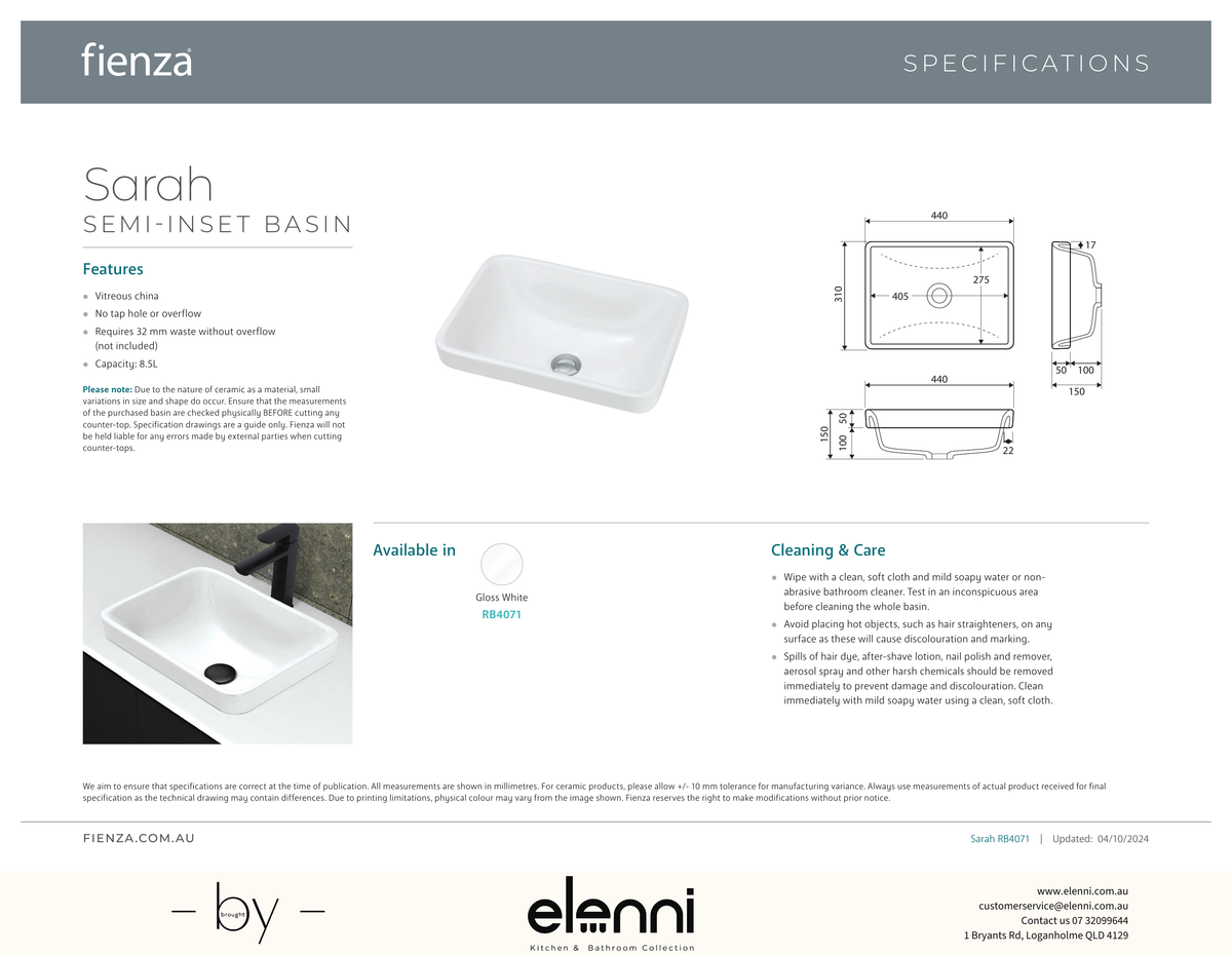 Sarah Semi-Inset Basin - Elenni specification drawing