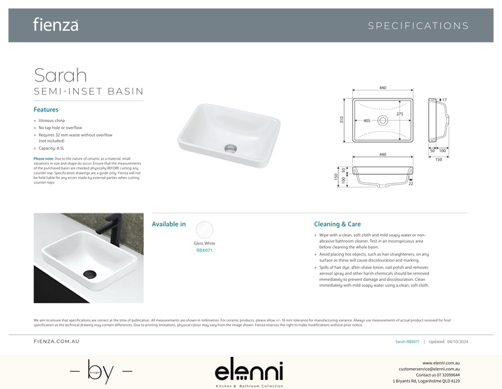 Sarah Semi-Inset Basin - Elenni specification drawing