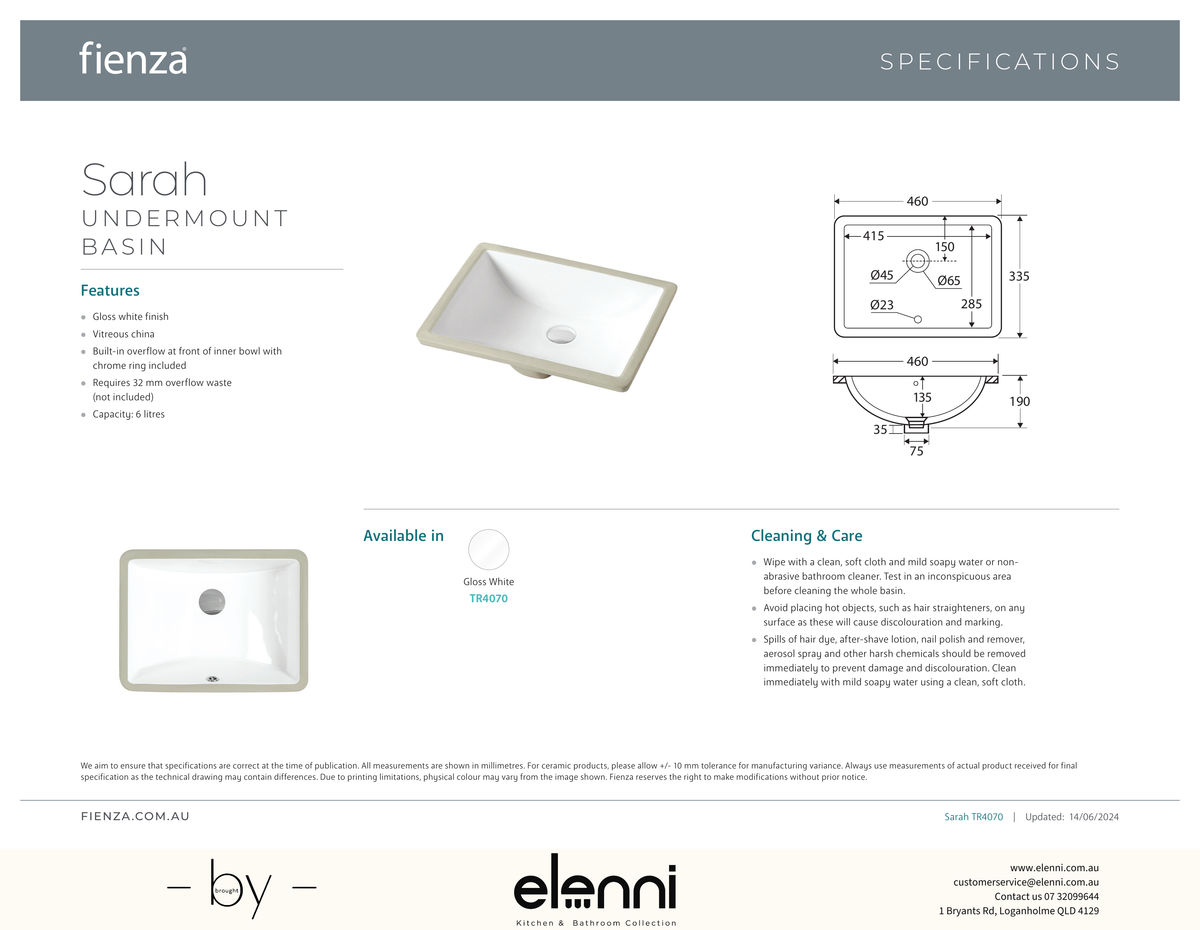Sarah Undermount Basin - Elenni specification drawing
