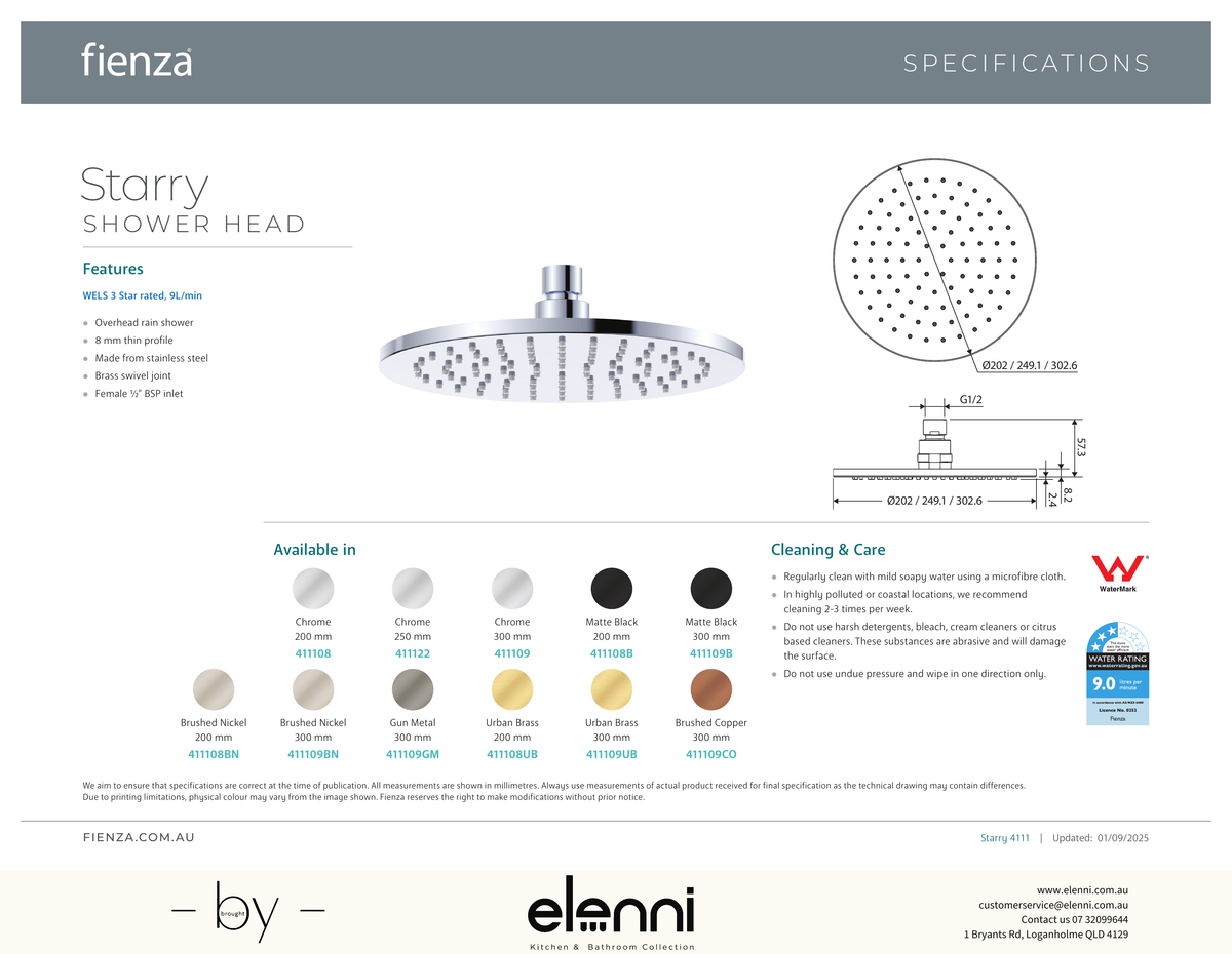 Starry Shower Head, 300mm - Spec sheet