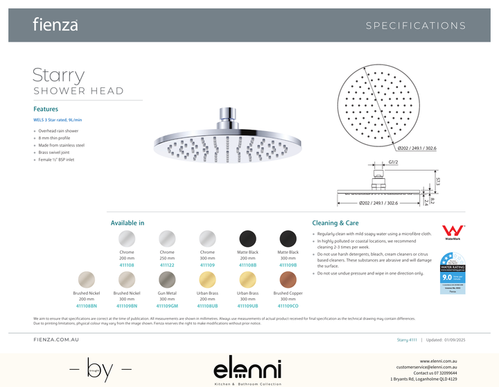 Starry Shower Head, 300mm - Spec sheet