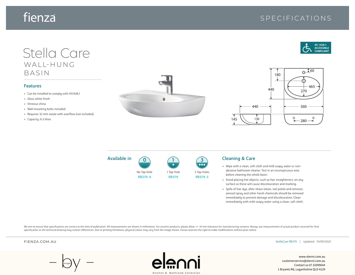 Stella Care Wall Basin (No Shroud) - Elenni specification drawing