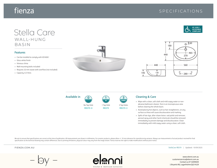 Stella Care Wall Basin (No Shroud) - Elenni specification drawing