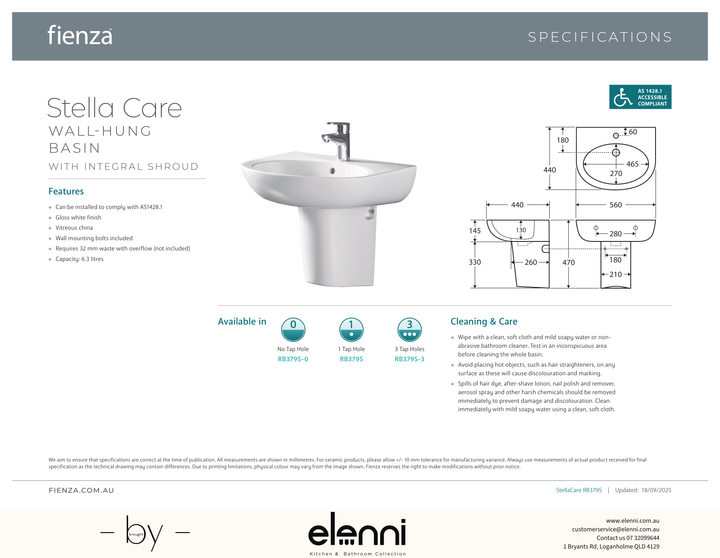 Stella Care Wall Basin With Integral Shroud - Elenni specification drawing