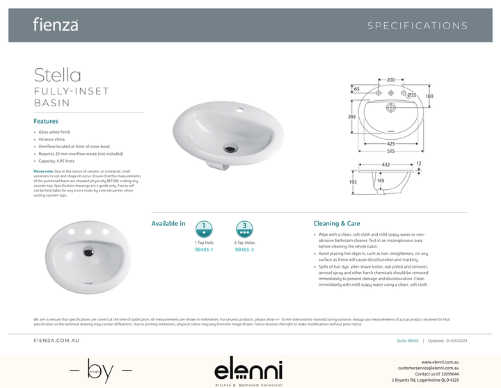 Stella Fully-Inset Basin - Elenni specification drawing