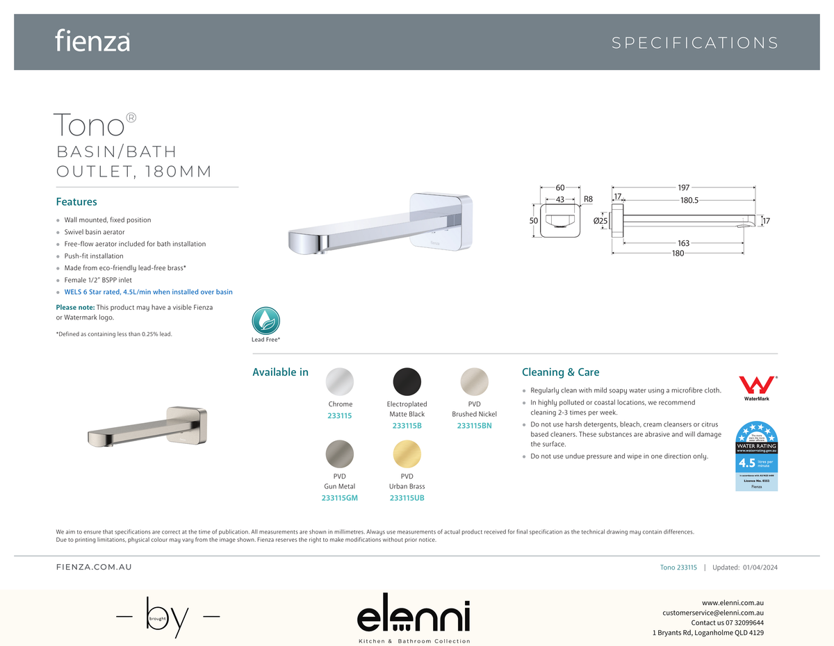 Tono 180 mm Basin/Bath Outlet - Spec sheet