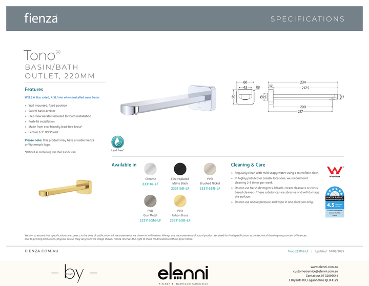 Tono 220 mm Basin/Bath Outlet - Spec sheet