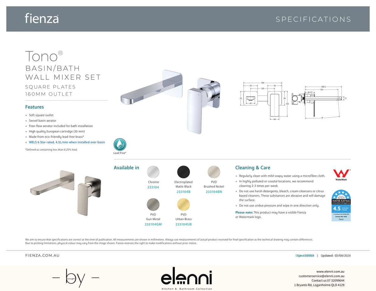 Tono Basin/Bath Wall Mixer Dress Kit, Small Square Plates, 160mm - Trim Kit Only - Spec sheet