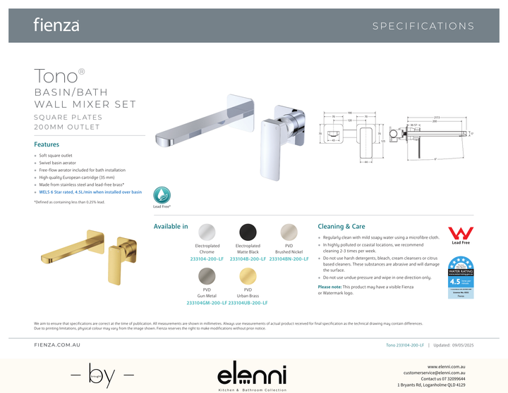 Tono Basin/Bath Wall Mixer Dress Kit, Small Square Plates, 200mm - Trim Kit Only - Spec sheet