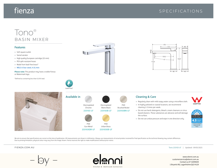 Tono Basin Mixer - Spec sheet