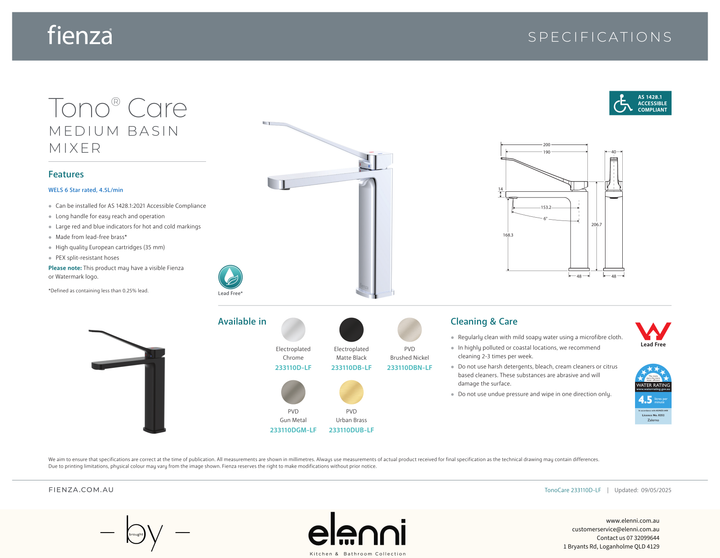 Tono Care Medium Basin Mixer - Spec sheet