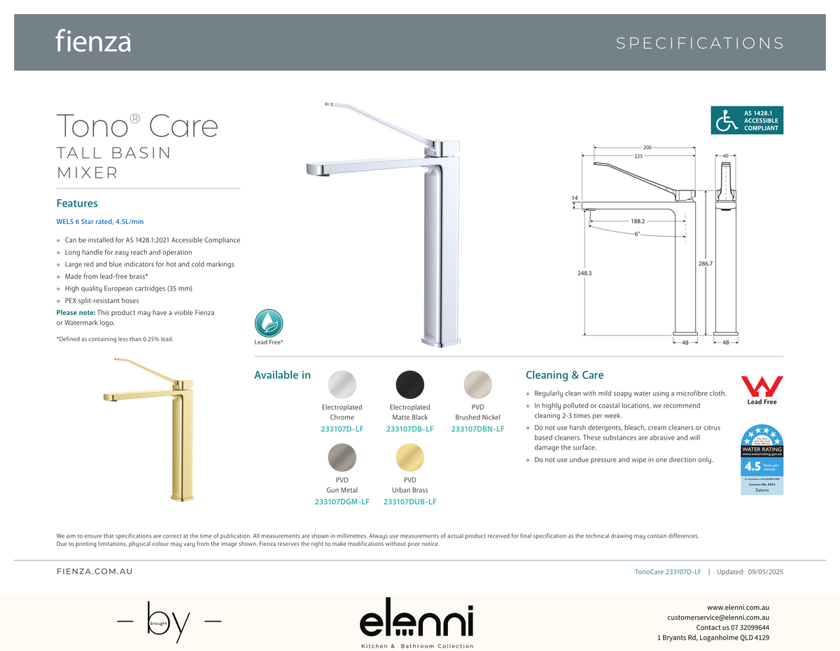 Tono Care Tall Basin Mixer - Spec sheet