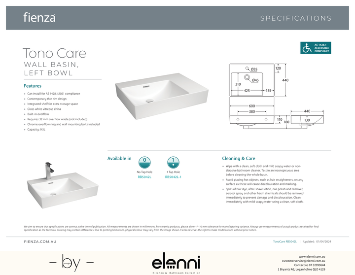 Tono Care Wall Basin - Elenni specification drawing