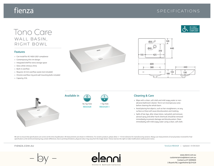 Tono Care Wall Basin - Elenni specification drawing