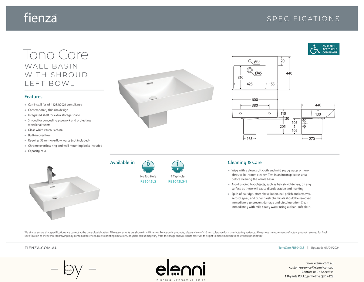 Tono Care Wall Basin with Integral Shroud - Elenni specification drawing