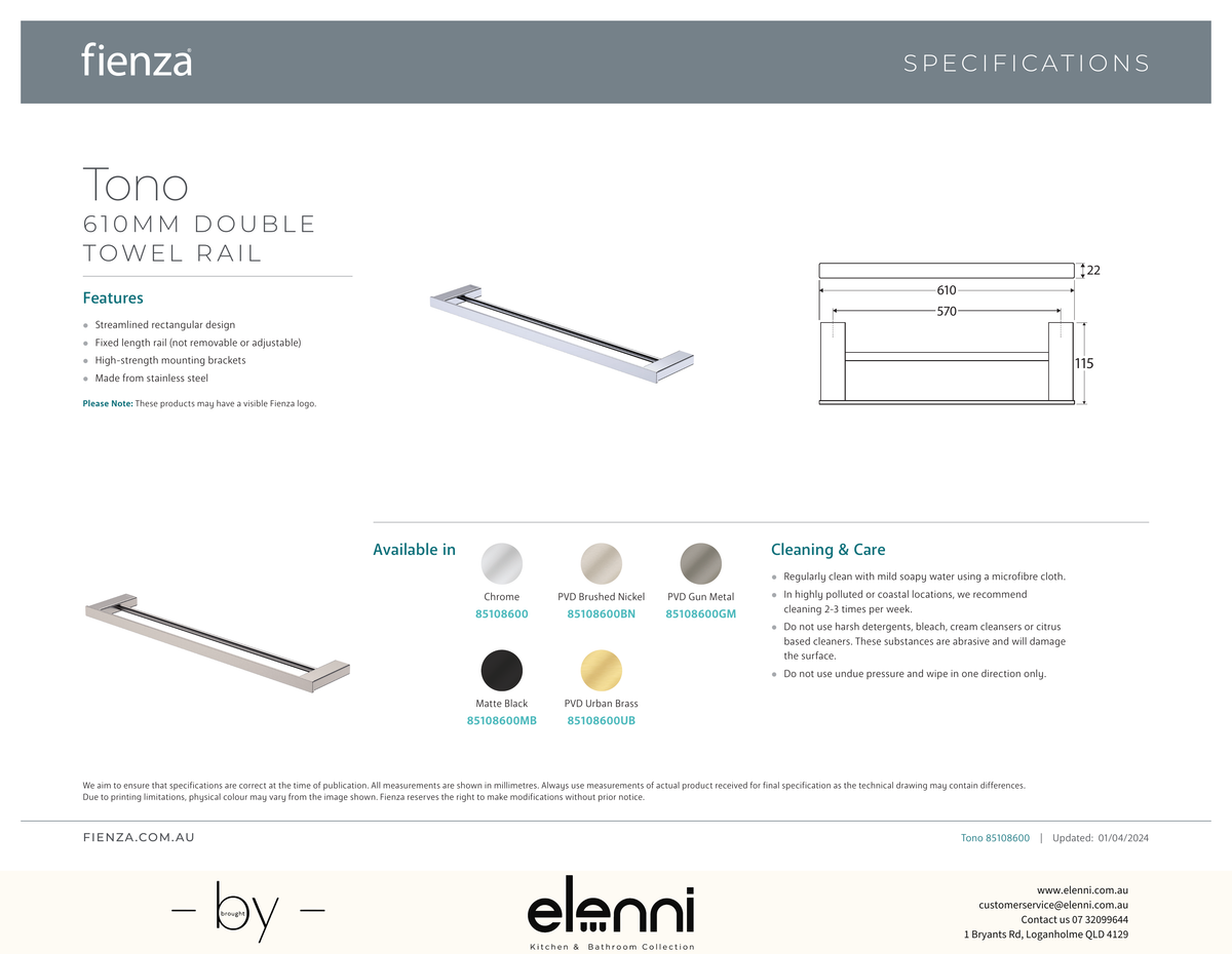 Tono Double Towel Rail, 610 mm - Spec sheet