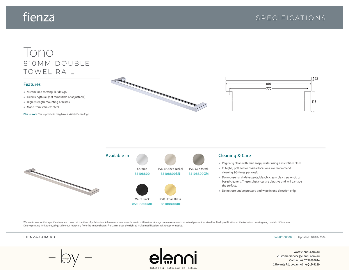 Tono Double Towel Rail, 810 mm - Spec sheet