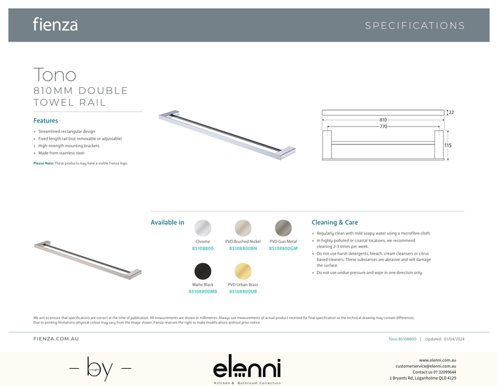 Tono Double Towel Rail, 810 mm - Spec sheet