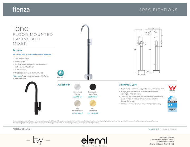 Tono Floor Mounted Basin/Bath Mixer - Spec sheet