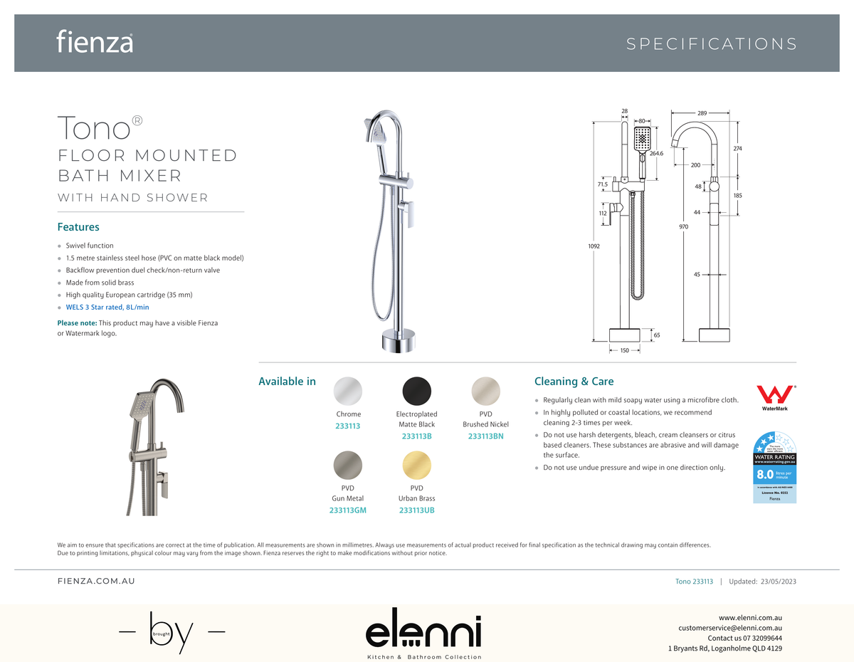 Tono Floor Mounted Bath Mixer With Hand Shower - Spec sheet