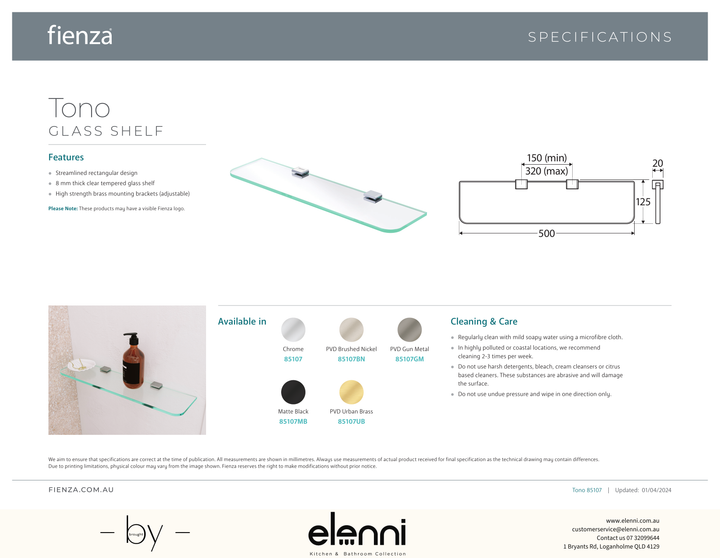 Tono Glass Shelf - Spec sheet