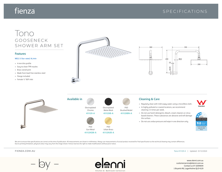 Tono Gooseneck Shower Arm Set - Spec sheet