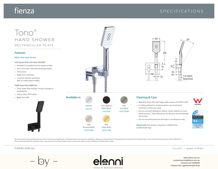 Tono Hand Shower, Rectangular Plate - Spec sheet