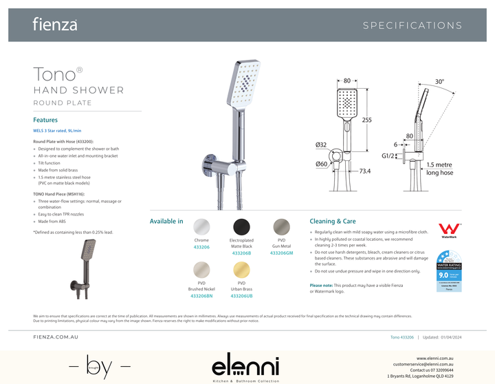 Tono Hand Shower, Round Plate - Spec sheet