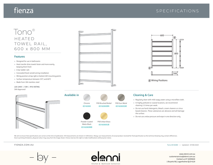 Tono Heated Towel Rail, 600 x 800mm - Spec sheet