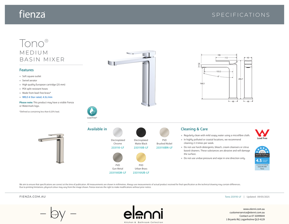 Tono Medium Basin Mixer - Spec sheet