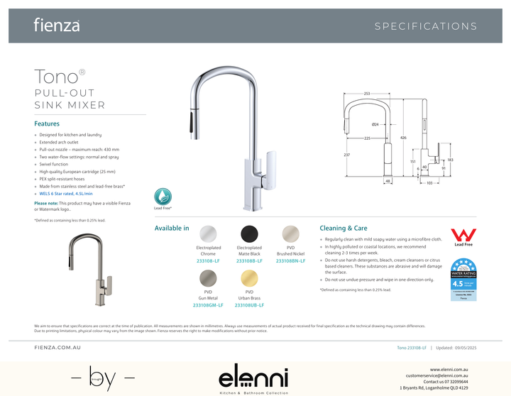 Tono Pull Out Sink Mixer - Spec sheet