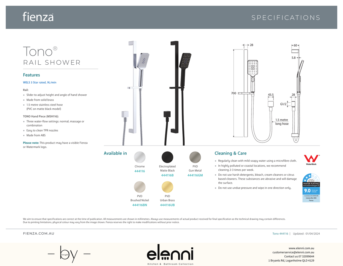 Tono Rail Shower - Spec sheet