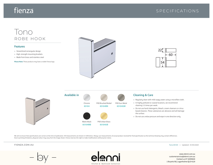 Tono Robe Hook - Spec sheet