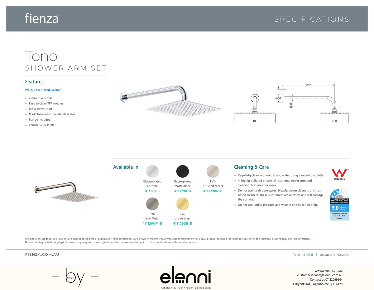 Tono Shower Arm Set - Spec sheet
