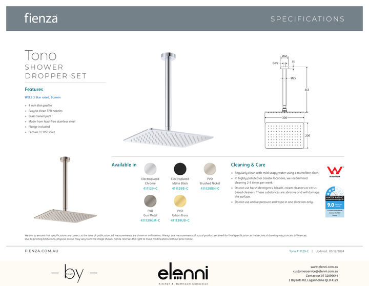 Tono Shower Dropper Set - Spec sheet