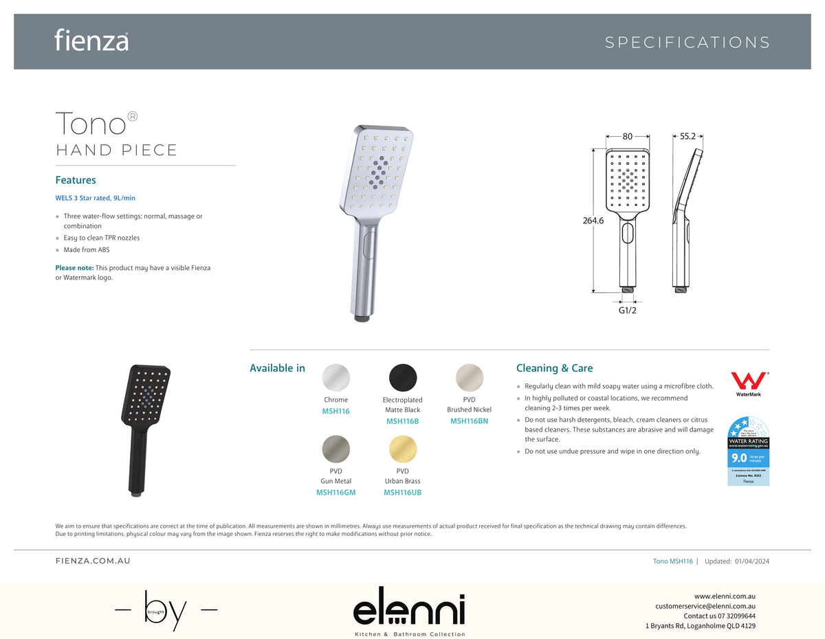 Tono Shower Hand Piece - Spec sheet