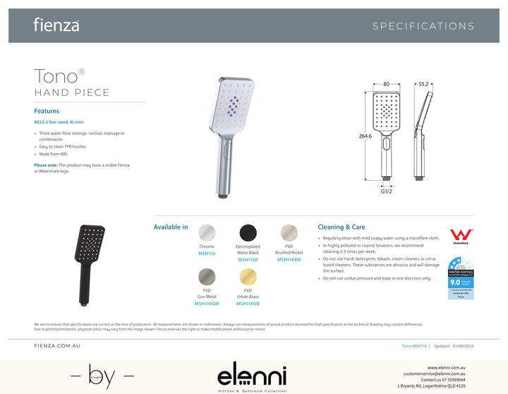 Tono Shower Hand Piece - Spec sheet