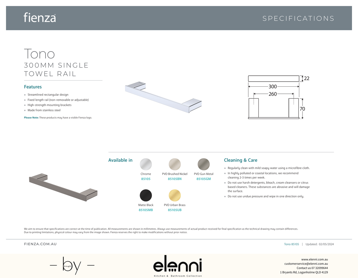 Tono Single Towel Rail, 300mm - Spec sheet