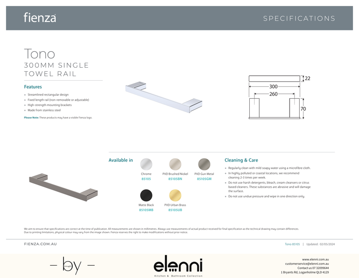 Tono Single Towel Rail, 300mm - Spec sheet